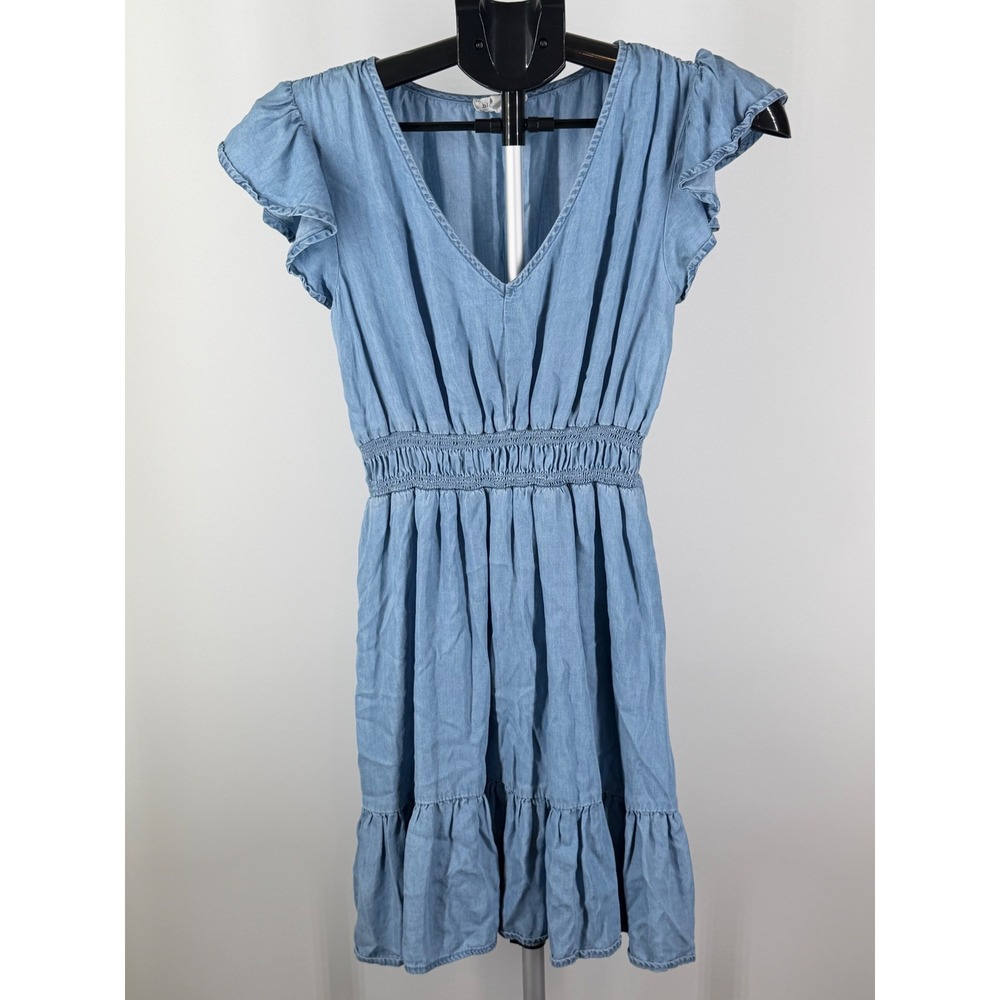 Blu Pepper Womens Blue Lyocell Chambray Smocked Waist Flutter Sleeve Dress Small